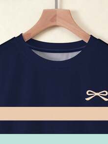 EMERY ROSE Plus Size Long Sleeve T-Shirt, Mature Striped Print Top, Classic Pattern Design, Versatile Casual Outdoor Wear Formal Holiday Navy Blue Autumn - Multicolor - View 3