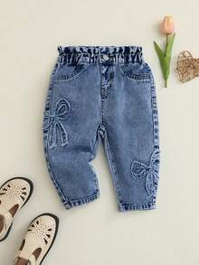 SHEIN Baby Girl Bow Frayed Hem Pocket Casual Denim Jeans Autumn Fall - Medium Wash - View 8