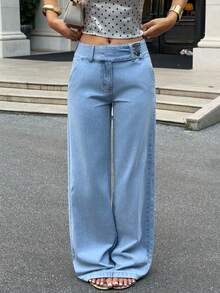 SHEIN Tall 女款多功能戶外多口袋藍色牛仔褲，適合四季穿著，適合高個女性 - 淺色水洗藍 - 查看 4