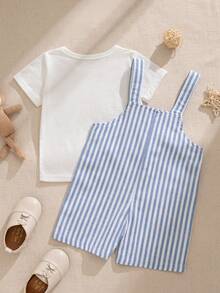SHEIN 2件/套 幼童男童圓領短袖T恤與卡通熊刺繡吊帶短褲套裝，休閒戶外與日常穿著，春/夏 - 彩色 - 查看 3