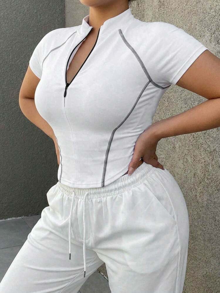 Dazy Plus Half-Zip Mandarin Collar Short Sleeve Fitted Cropped Casual Sports Tee, White, Plus Size