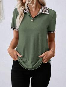 EMERY ROSE Casual Plaid Patchwork Short Sleeve T-Shirt, Summer - Multicolor - View 6