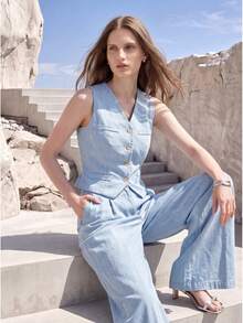 MOTF PREMIUM WOMEN'S DENIM EFFECT LINEN SINGLE-BREASTED SLEEVELESS SLIM FIT LIGHTWEIGHT VEST JACKET - Light Wash - View 4