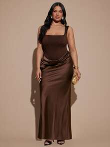 SHEIN BAE CURVE 大尺碼女款棕色優雅拼接布料長版背心洋裝 - 棕色 - 查看 3