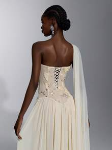Elitara Elegant Queen Casual Cream Elastic Mesh Fabric Beaded Patchwork Sequins Buckle Decor Ruched Bust Voluminous Skirt Party Formal Bridal Dress - Light Yellow - View 7