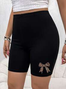 SHEIN VCAY Quần short biker nữ phong cách thường ngày | Cạp cao màu đen - Họa tiết nơ báo đốm ôm sát nâng mông quần short yoga đồ thể thao - màu đen - Xem 1