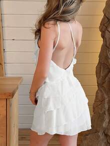 Katetique Summer Beach Vacation Solid Color Apricot Layered Lotus Leaf Cake Mini Dress Elegant Party White - White - View 2
