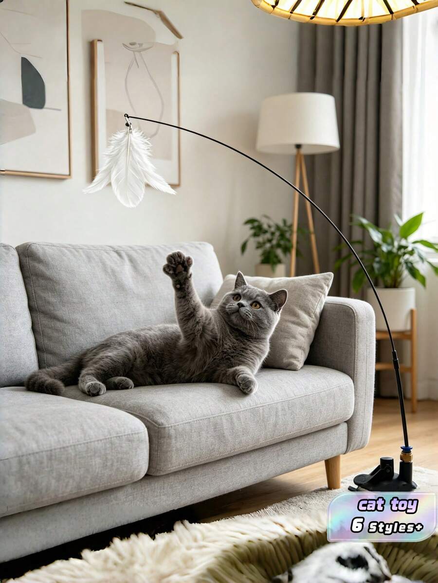 Juguete de varita con plumas para gatos con ventosa extraíble y fuerte, ancla de suelo resistente para juego interactivo, sin necesidad de batería para ejercicio y entrenamiento de caza en interiores, juguete duradero para diversión individual o de vínculo para gatitos - Multicolor - Ver 1
