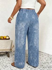 SHEIN Frenchy Plus Size Women's Casual Fashion Textured Pattern Blue Solid Color Pants, Holiday Leisure Style, Summer Trousers - Blue - View 2