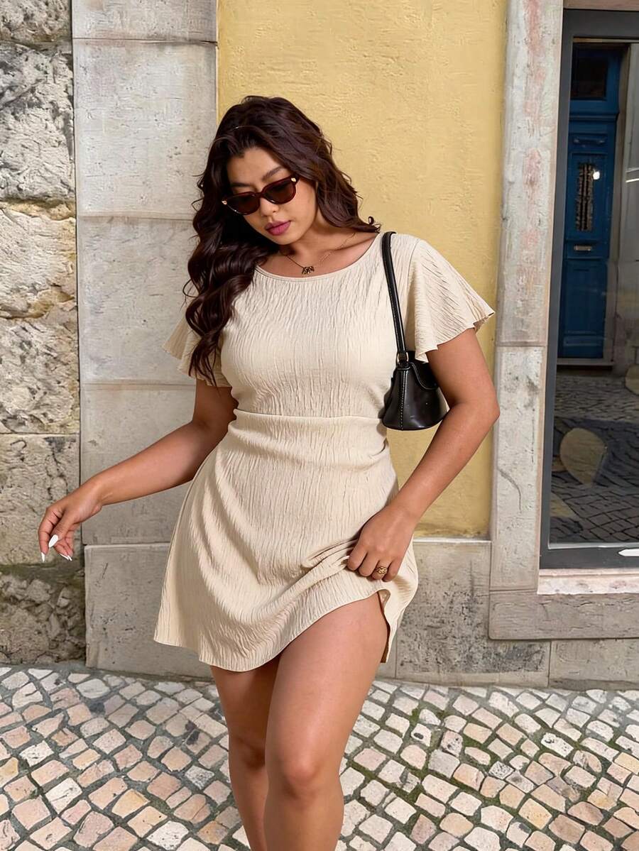 Elaquor Plus Size Solid Color Minimalist Daily Wear Round Neck Short Sleeve Dress - Apricot - View 1
