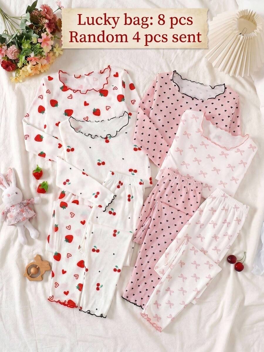 SHEIN 青少年女孩 4 件套櫻桃波點與草莓愛心印花圓領長袖上衣與長褲,柔軟舒適居家休閒睡衣套裝,秋冬長袖長褲家居服套裝 - 紅色 - 查看 1