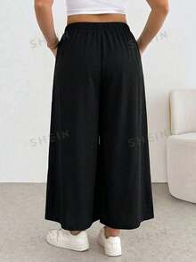 SHEIN PETITE CURVE 大码女式高腰阔腿宽松休闲裤 - 黑色 - 查看 2