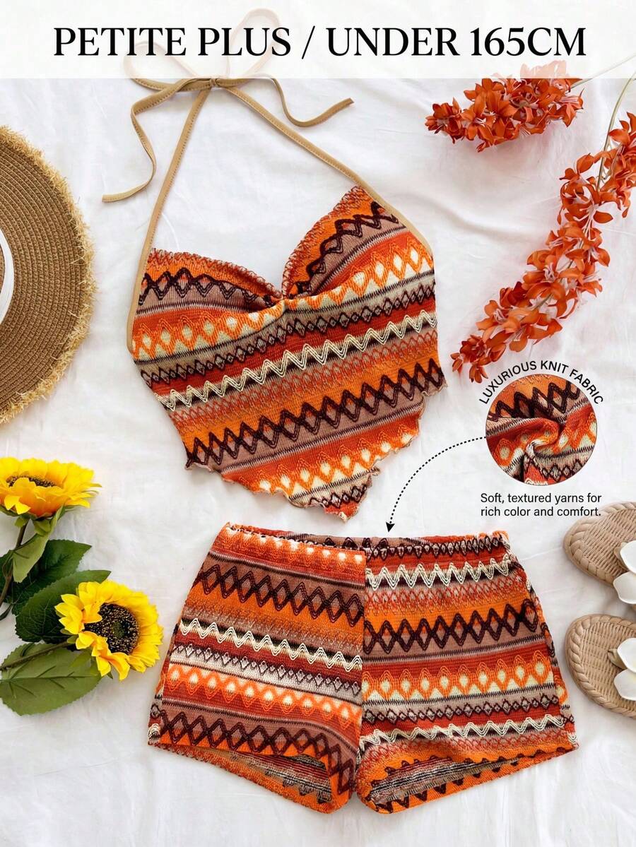 SHEIN PETITE CURVE Plus Size Burnt Orange Summer Boho Vacation Holiday Western Beach Vacation Wedding Guest Dress,Elegant Camisole Two Pieces Set,Y2K Graduation Outfit - Multicolor - View 1