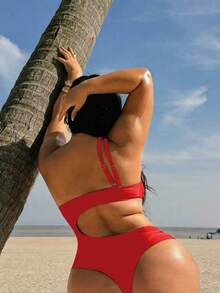 Swim SXY Plus Size Women's Solid Brown Knit One-Piece Swimsuit, Minimalist Casual Halter Strap Design - Red - View 2