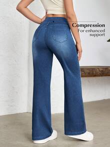 SHEIN Essnce Women's Casual Daily Commute Minimalist Versatile Elastic High Waist Washed Loose Straight Leg Jeans Travel Light Blue Summer - Dark Wash - View 5