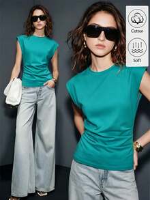 Lumivelle Women's Spring/Summer New Pure Cotton Round Neck Ruched Casual/Work T-Shirt, White - Mint Green - View 4