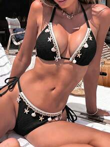 Swim Mod Women's Vacation Patchwork Crochet Strap Shell Decor Textured Fabric Tie Front Bikini Set For Summer - Black - View 7