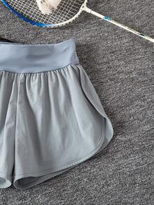 SHEIN 青少年女孩日常純色極簡高彈力圓弧下擺寬鬆短褲2件組，適合跑步與健身 - 彩色 - 查看 4