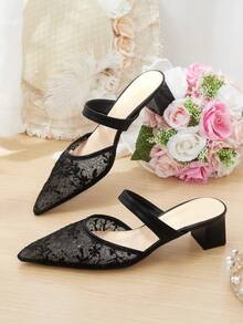 CUCCOO HITCHD Black Lace Pointed Mullers, See-Through Mesh Thick Heel Slippers, Workplace Dating Party Slim Heels - Black - View 5