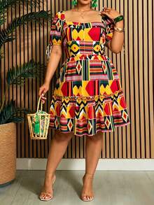 Villa Velisse Plus Size Women's Bohemian Boho Geometric All-Over Print Mini Dress, Bowknot Backstrap, Yellow, Square Neck Short Sleeve, Holiday Travel, Vacation - Multicolor - View 4