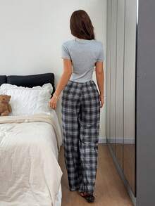 Napfluff Casual Plaid Knit Short Sleeve Pajama Set, Suitable For Loungewear And Outdoor Wear - Grey - View 2