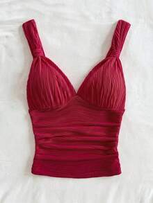 Soleia Casual Romantic Vacation Plain Color Twist Pleat Red Camisole Christmas Valentine's Day New Year,Summer Top No Chest Padding - Red - View 10