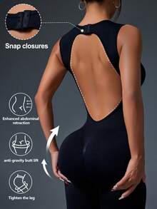 Glamine Solid Color Round Neck Sleeveless Backless Jumpsuit, Sports Summer - Black - View 3