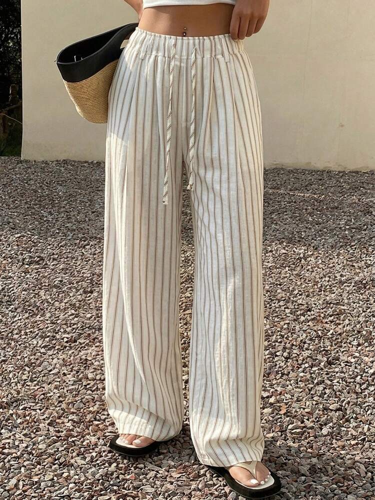 Women's Casual Business Striped Pocket Wide Leg Pants