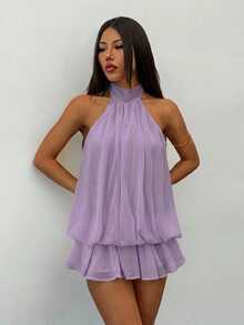 SHEIN PETITE Đầm mini không tay thắt nơ cổ thanh lịch màu vàng nhạt, phù hợp cho tiệc, hẹn hò, mùa thu/đông và xuân/hè - Bụi tím - Xem 4