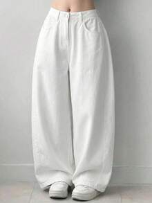 DAZY Quần jeans nữ dáng rộng, màu trơn, túi xéo, thích hợp mặc hàng ngày. - trắng - Xem 3