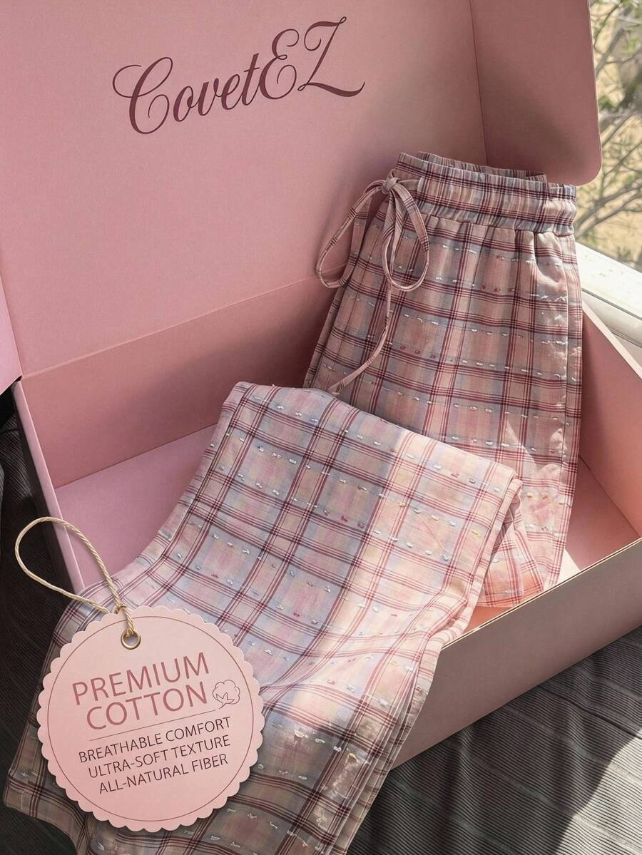 CovetEZ Women's Cotton Plaid Drawstring Wide-Leg Casual Trousers,Soft Winter Lounge Pink Check Printed Pants With Adjustable Waistband For Young Girls - Pink - View 1