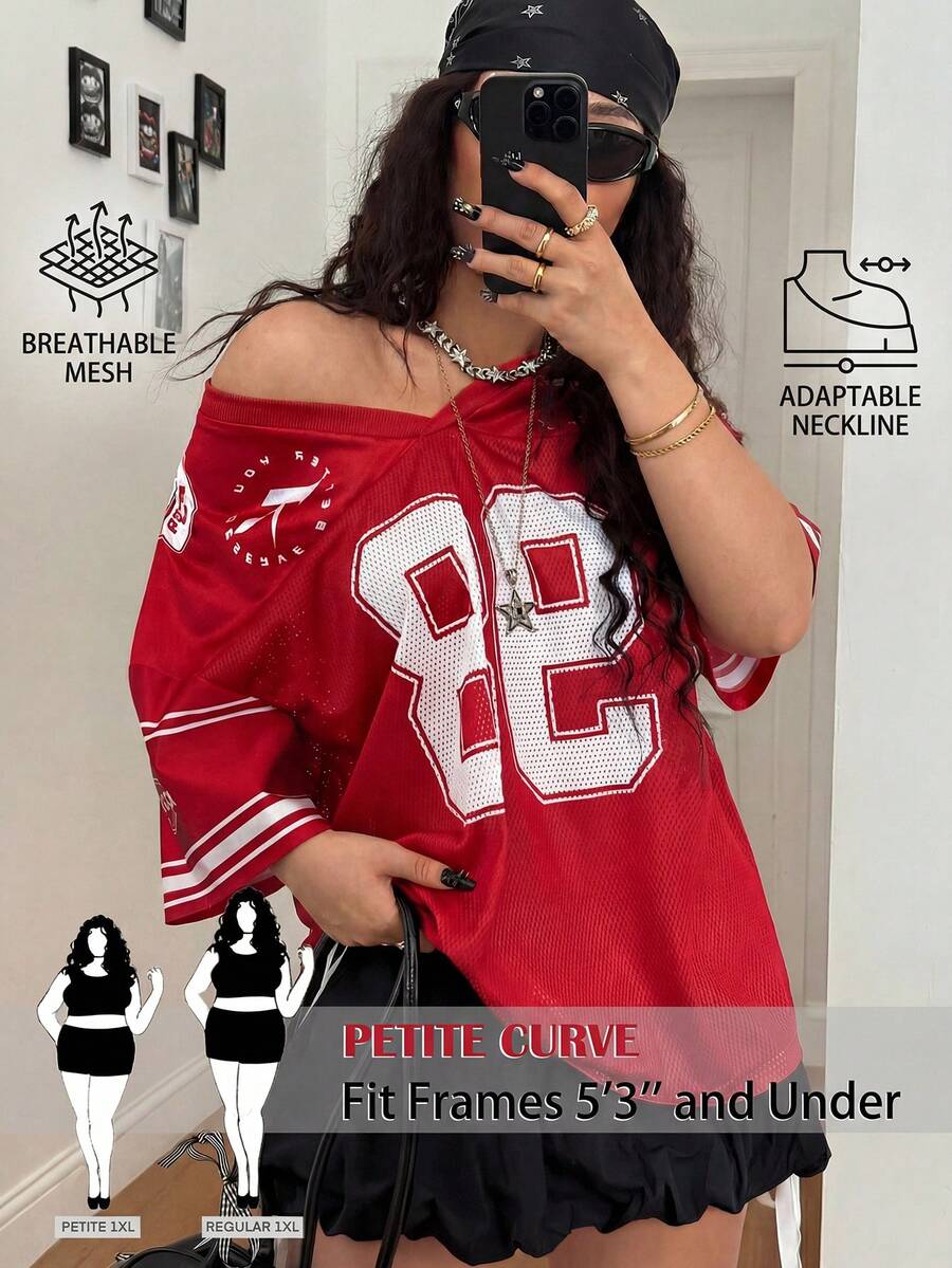 SHEIN PETITE CURVE 大尺碼女款復古優雅休閒Y2K街頭風網格數字圖案棒球T恤,紅白條紋,適合夏季度假與戶外穿著,適用於日常通勤、派對、婚禮、海灘、畢業典禮、聖誕節、新年、感恩節、時尚出遊、預約、通勤、亮面、情人節、度假及其他場合。運動 - 紅色 - 查看 1