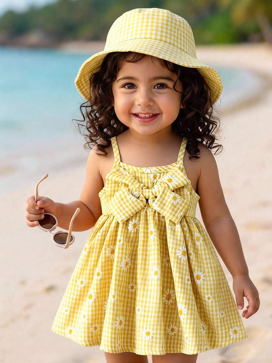 SHEIN Vintaside Kids Robe sans manches pour bébé fille, unisexe, nourrisson, tout-petit, nouveau-né de 0 à 3 ans, élégante, mignonne, décontractée, minimaliste, imprimé à carreaux jaunes et marguerites - Jaune citron - Voir 1