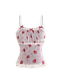 Sweetness Women's Romantic Cute Sweetheart Strawberry Print Contrast Color Lace Bow Decor Camisole And Long Skirt 2-Piece Set Vacation Red And White Summer - Multicolor - View 7