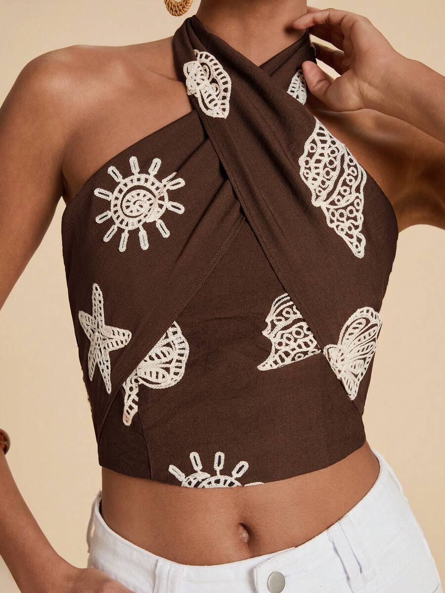 Travachic Women's Vacation Textured Criss-Cross Halter Top - Coffee Brown - View 1