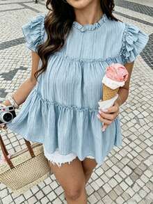 Vionelle Plus Size Women's Solid Color Loose Ruffle Patchwork Doll Blouse - Mint Blue - View 6
