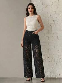 Anewsta Fashionable Lace Patchwork Hollow Out Long Pants - Black - View 4