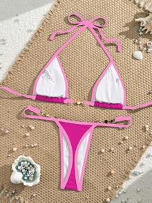Swim Vcay Bộ Bikini Nữ Nhẫn Tương phản ràng buộc màu trơn - Màu Hồng Tươi - Xem 2