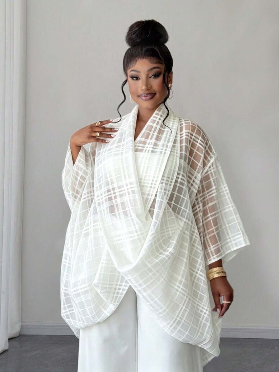 Maweii Plus Size Women's Sheer Criss-Cross Plaid Print Fashion Top - White - View 1