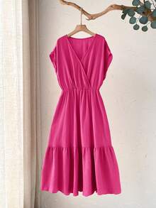 Rusticease Plus Size Women's Casual Vacation Short Sleeve Solid Color Rose Pink Mid-Length Dress, Comfortable & Relaxed,Summer - Hot Pink - View 7
