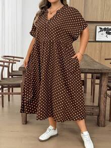 SHEIN CURVE+ Vestido de bebé talla grande para mujer, vestido holgado, vestido de verano de manga corta, ropa holgada y cómoda talla grande, vestido estampado, vestido casual de vacaciones, vestido casual para mujer, vestido casual de iglesia para mujer, vestido casual de maestra talla grande, falda de burbuja de otoño para mujer, vestido de trabajo, vestido de salida, vestido casual - Marrón - Ver 6