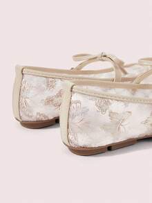 CUCCOO DOLLMOD Women's Shoes, Beige, Round Toe Mary Jane Flats, Flower Embroidered Mesh Yarn, Bow Strap, Sweet And Cute, Comfortable, Soft And Breathable - Butterfly - White - View 5