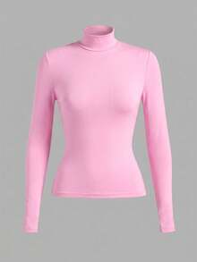 Fluxe Casual Solid Color Knit Slim Fit Regular Small Stand Collar Long Sleeve Women's T-Shirt - Pink - View 2