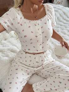 DAZY 2pcs Lace Patchwork Ditsy Floral Short Sleeve Straight Leg Long Pajama Set, Sweet Summer Sleepwear For Women - White - View 4