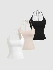 Sweetra Bộ 3 món nữ phong cách thời trang Âu Mỹ mùa hè mới, áo tank top cổ yếm hở lưng, dáng ôm tôn dáng, thanh lịch, đa năng cho đi làm, đi chơi và tập thể thao - Nhiều màu - Xem 3