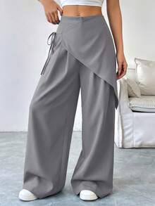 SHEIN Raffinéa Women's Fashion Lace-Up Asymmetrical Patchwork Button Casual Long Pants - Grey - View 7