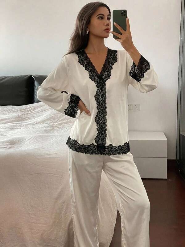 DAZY Women's Contrast Color Lace Trim Top And Pants Pajama Set