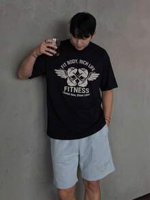 DAZY Men's Summer Casual Fashion Daily Commute Black Barbell Wing Letter Print Short Sleeve T-Shirt And Drawstring Waist Shorts Set - Multicolor - View 4