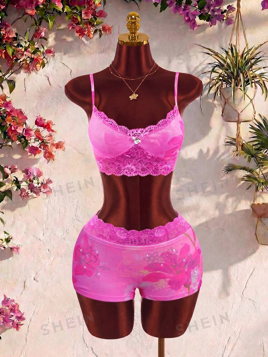 Amplova Summer Floral Print Lace Contrast Color Women's Set Home Pink Floral Sexy