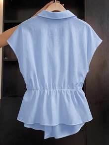 Franclia Plus Size White Batwing Sleeve Short Sleeve Blouse With Tie - Baby Blue - View 2